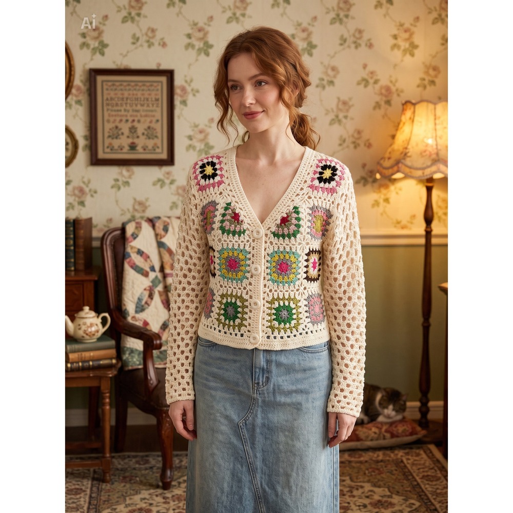 Cream Crochet Granny Core Square Cardigan V-Neck Open Knit Boho Sweater Size M